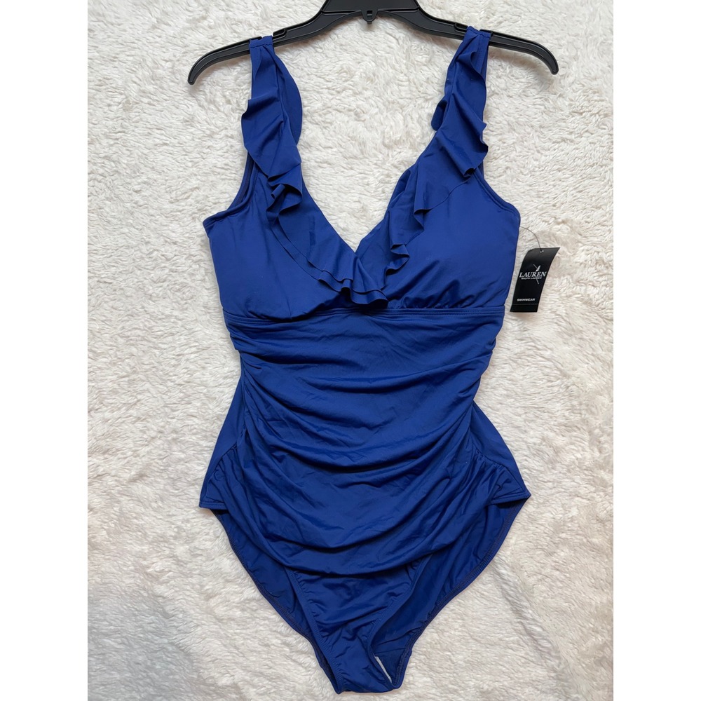Lauren Ralph Lauren Swimsuit Womens 14 Blue Ruffle V-Neck One Piece NWT